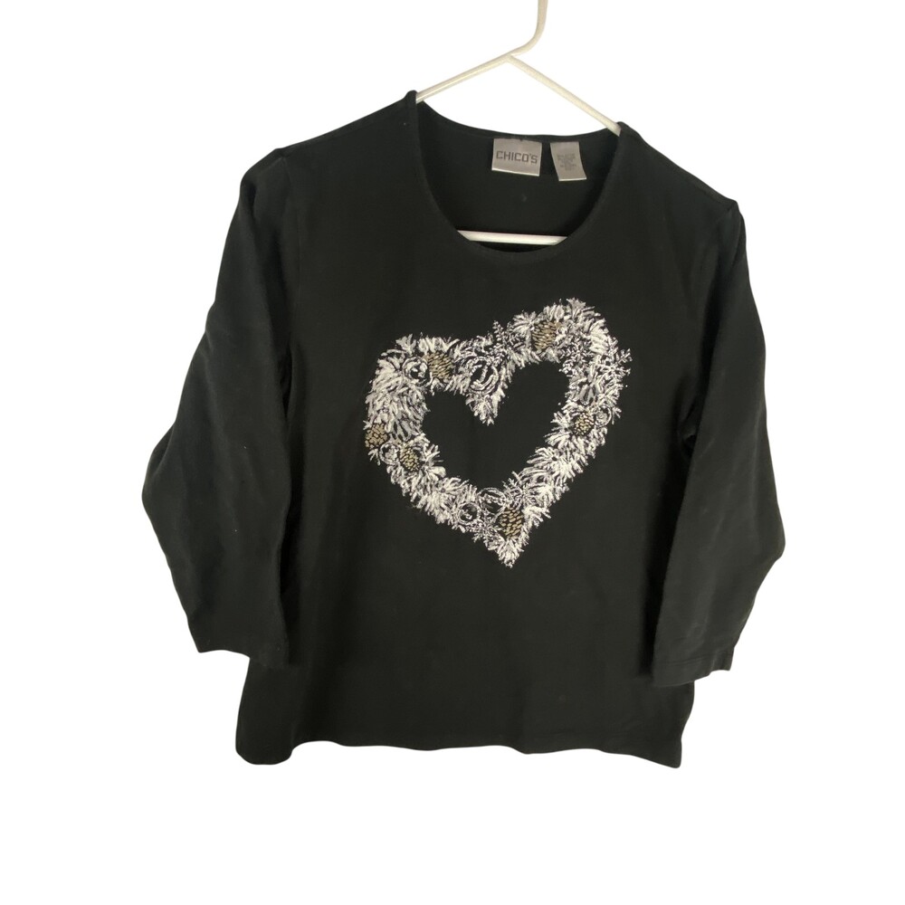 Chicos Shirt Womens 1 Black Embroidered Heart Pinecone 3/4 Sleeve Winter Holiday